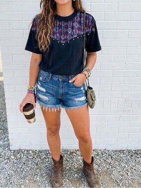 Vintage 90s Aztec Fringe Beaded T Shirt Festival Grunge Indie Punk Studded